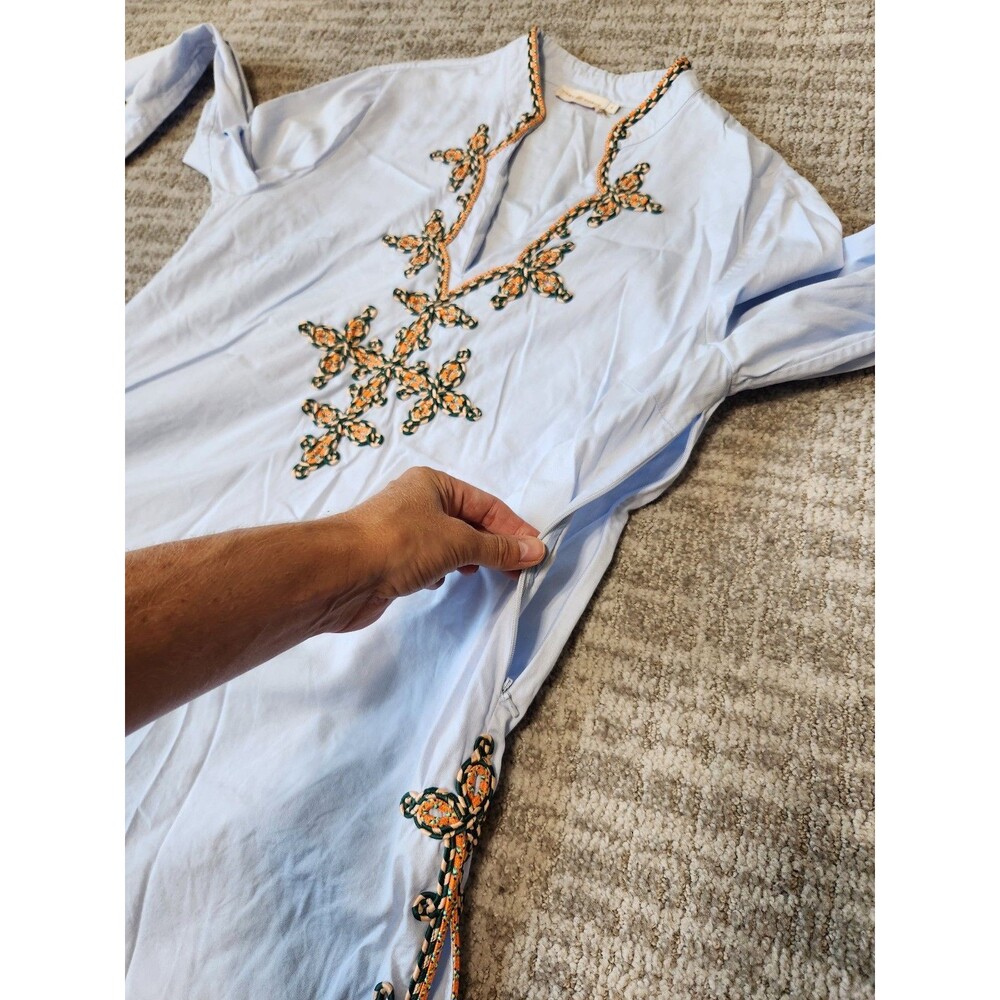Tory Burch Light Blue Embroidered V-Neck Cotton Tunic Size 12 Boho Resort - Picture 10 of 12